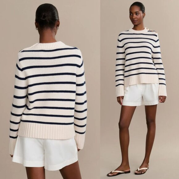 Jenni Kayne Grace Cashmere Navy Stripe Crewneck Sweater Size M - Picture 2 of 10